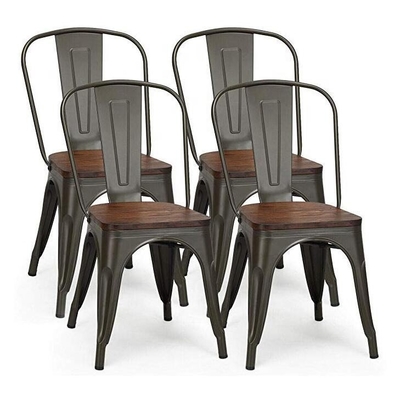 Industrial Metal Dining Chair with Wood Cushion - Stackable Design