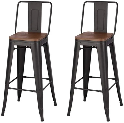 Industrial Metal Bar Stools with Solid Wood Seat - Black