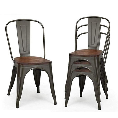 Industrial Metal Dining Chair with Wood Cushion - Stackable Design