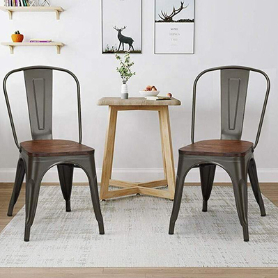 Industrial Metal Dining Chair with Wood Cushion - Stackable Design